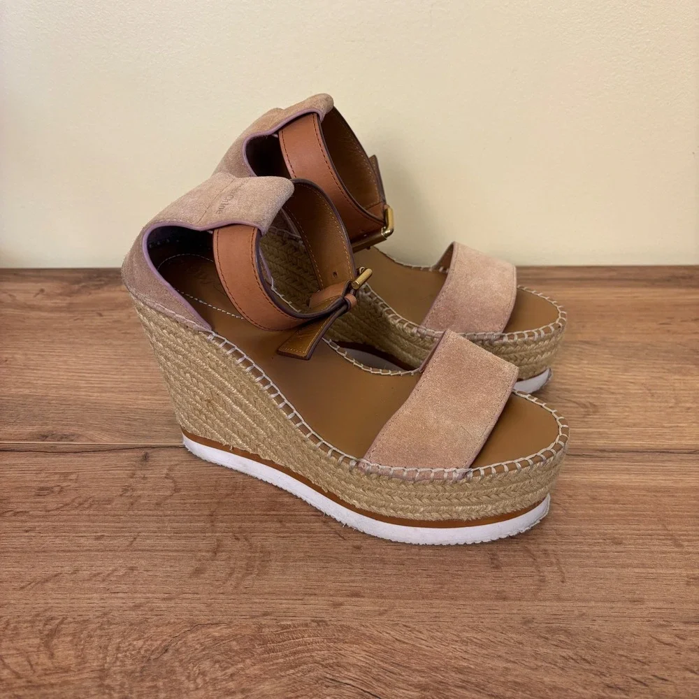 SEE BY CHLOE Glyn Espadrille Wedge Sandals Light Pink/Tan Women Size 36 Suede